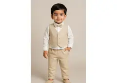 Boys Beige Waistcoat, Shirt & Trousers Formal Set with Bow Tie